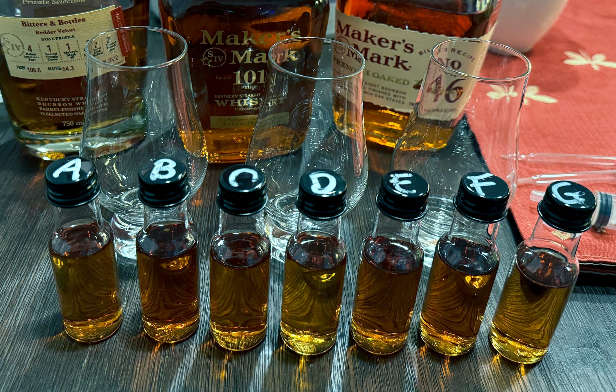 A lineup of seven small, plastic bottles containing bourbon, lettered on the twist-off cap A through G. In the background are three Glencairn whiskey glasses, and three bottles of Maker’s Mark.