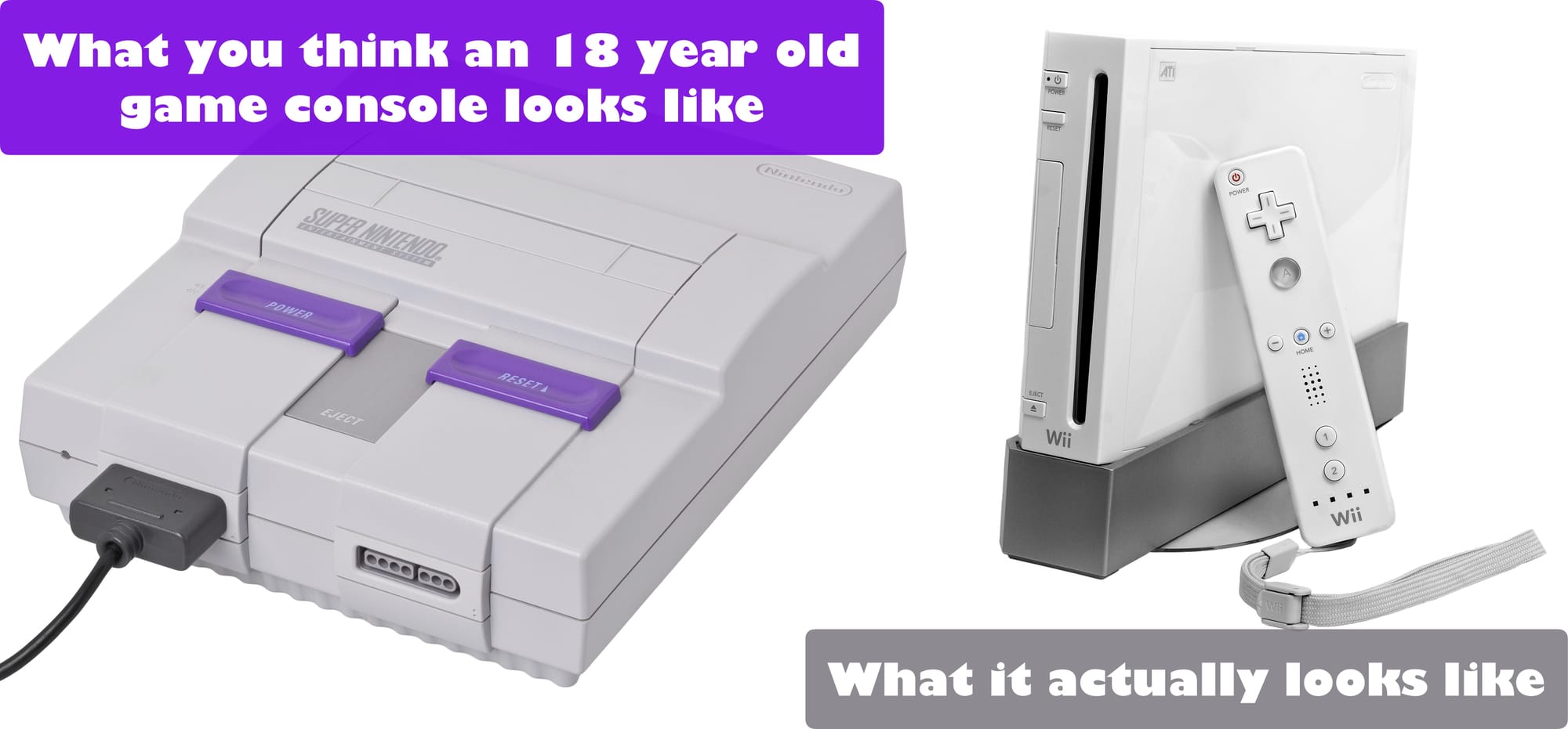 Two images side by side. Left: Super Nintendo, with text “What you think an 18 year old game console looks like”. Right: Nintendo Wii, with text “What it actually looks like”.