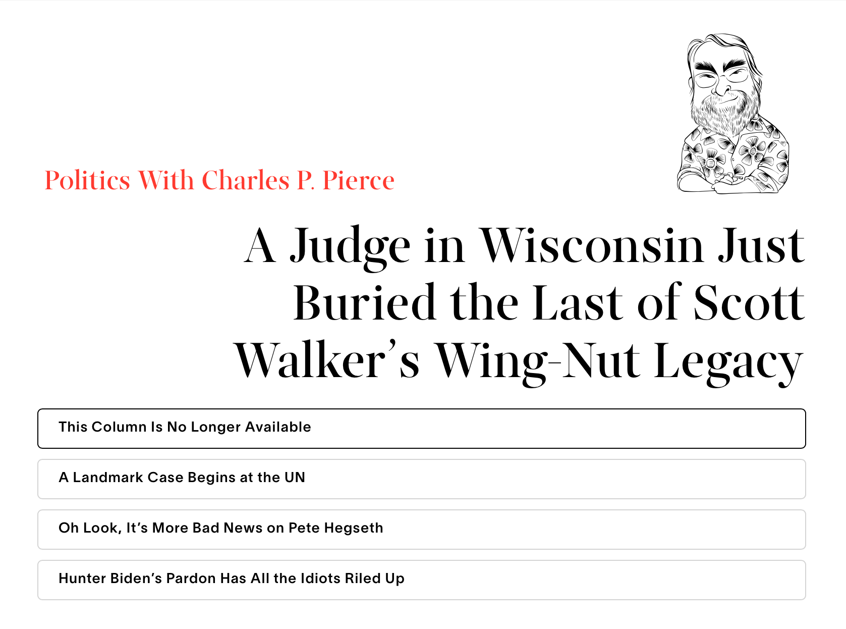 Screenshot of Esquire’s Politics site, with one of the articles titled “This Column Is No Longer Available”