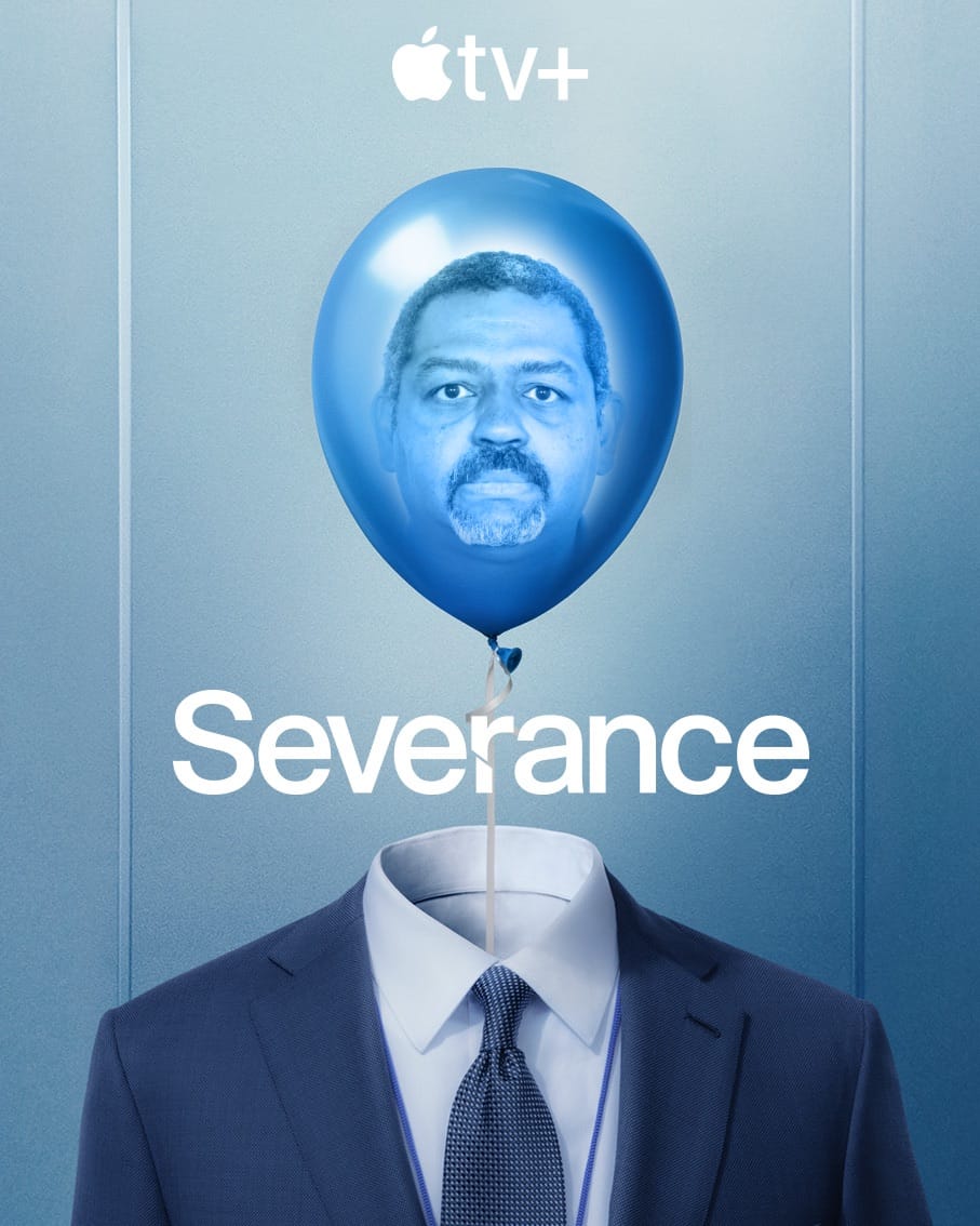 Severance poster with a blue balloon with an image of my face superimposed on it.