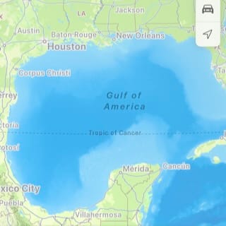 Screenshot of Apple Maps showing the “Gulf of America” where the Gulf of Mexico is.