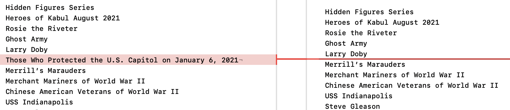 A screenshot of two web pages, the left (Nov. 6, 2024) showing the name of the commemorative medal, the right (Feb. 5, 2025) showing it missing.