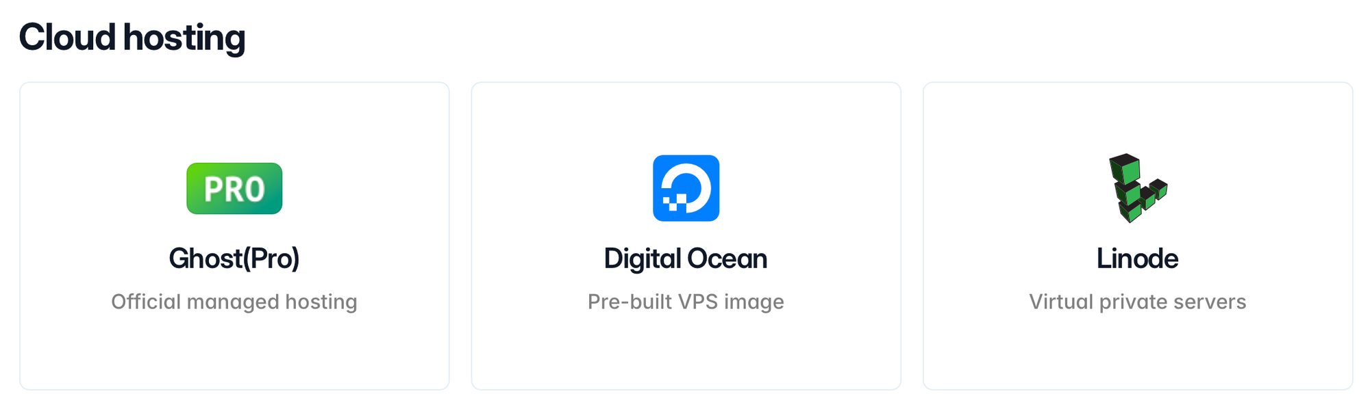 Screenshot from Ghost.org showing three cloud hosting icons: Ghost(Pro), Digital Ocean, and Linode.