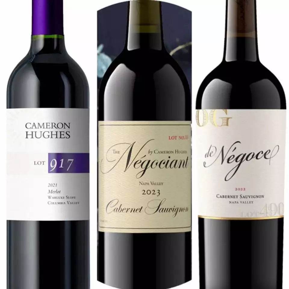 Three bottles of wine showing the similar stylized fonts used in the logos in question.