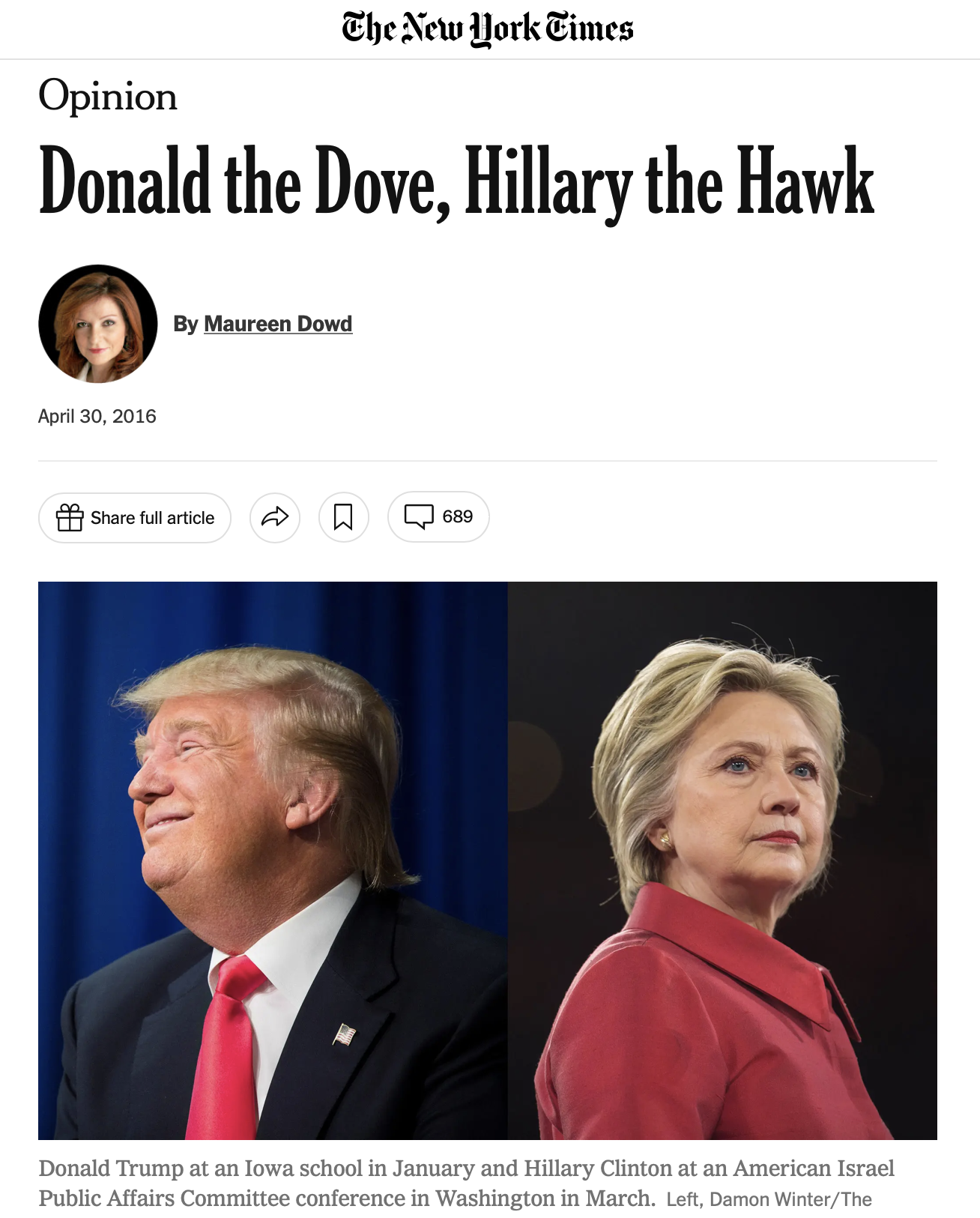 Screenshot of New York Times article titled “Donald the Dove, Hillary the Hawk”