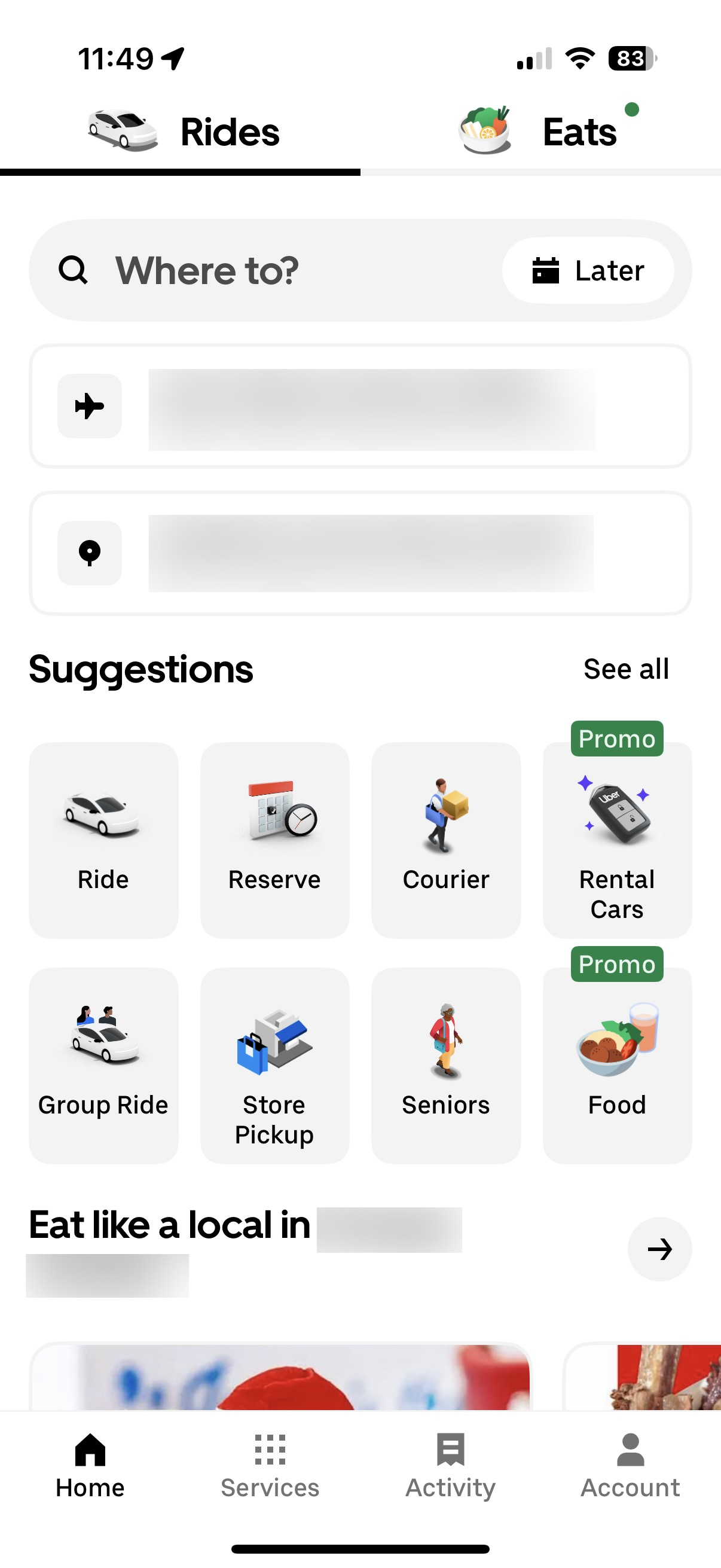 Screenshot of Uber’s main screen in “normal” mode, showing a Rides tab and an Eats tab, with the former selected. It shows a Where to? field with a Later button, two recent locations, eight “Suggestions” of things you might want to do ( Ride, Reserve, Courier, Rental Cars, Group Ride, Store Pickup, Seniors, Food), and an “Eat like a local” section. There is more below the “fold”.