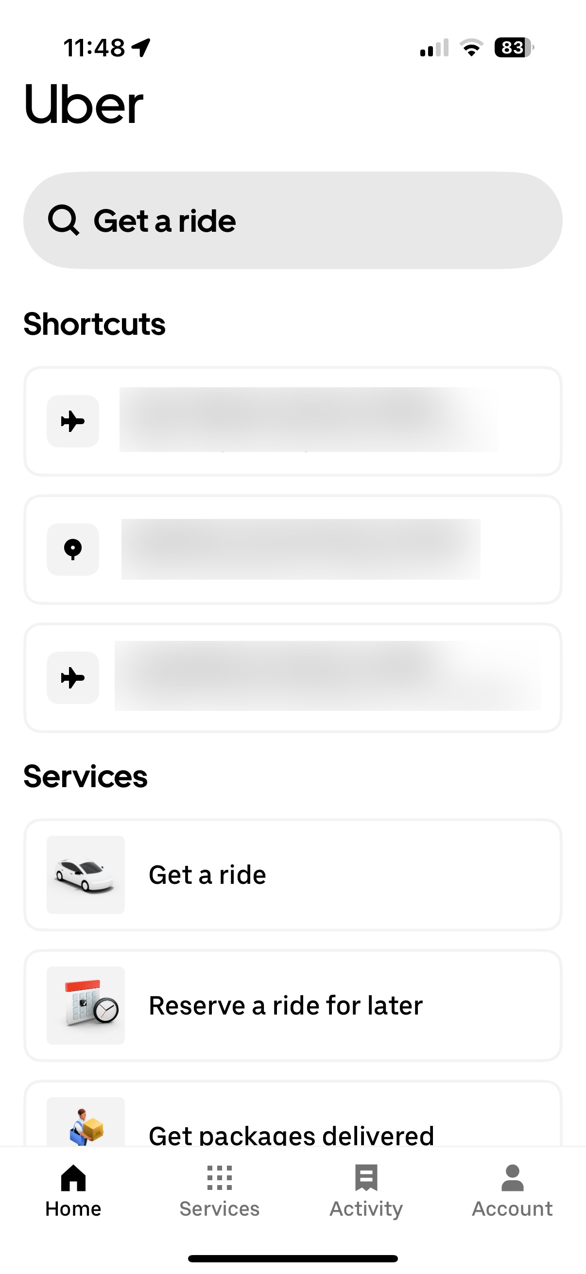 Alt: Screenshot of Uber’s main screen, in Simple Mode, with a Get a ride field, three “Shortcuts” (recent locations), and three “Services” (Get a ride, Reserve a ride for later, Get package delivered).