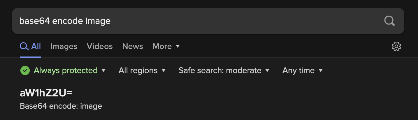 A screenshot of a DuckDuckGo search for “base64 encode image,” which returns the word “image” encoded in base64.