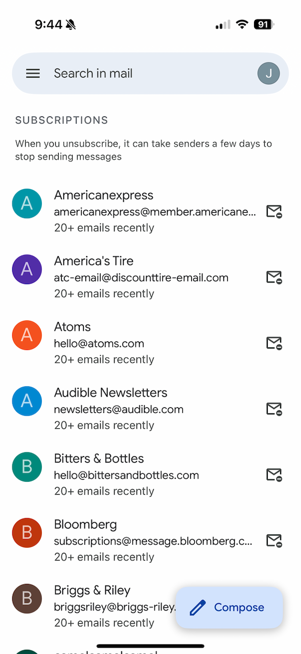 Screenshot of Gmail app showing a list of subscriptions.