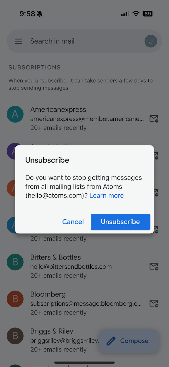 Screenshot of Gmail app showing an “Unsubscribe” dialog box for a specific mailing list.