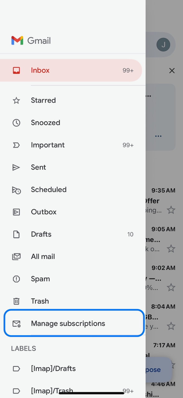 Screenshot of Gmail app showing a new “Manage subscriptions” option.