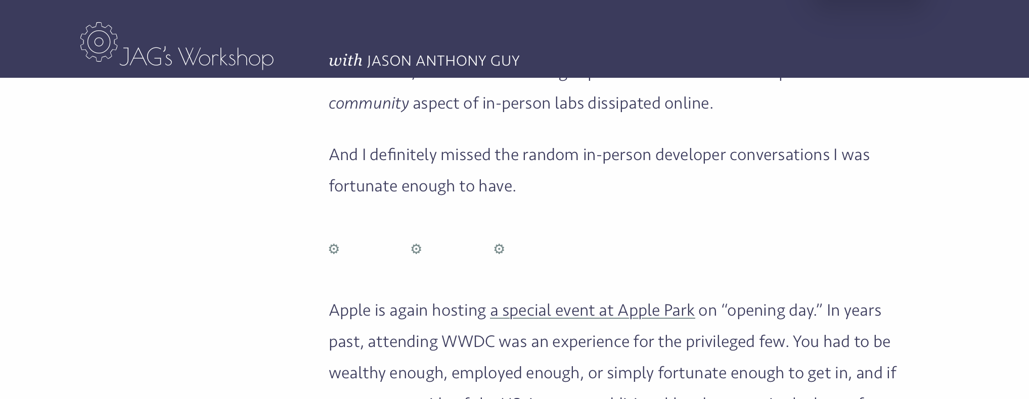 Screenshot of a webpage showing three spaced out gears, left aligned, separating two paragraphs of text.