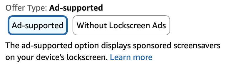Screenshot of Kindle purchase options showing “Offer Type: Ad-supported” or “Without Lockscreen Ads”.