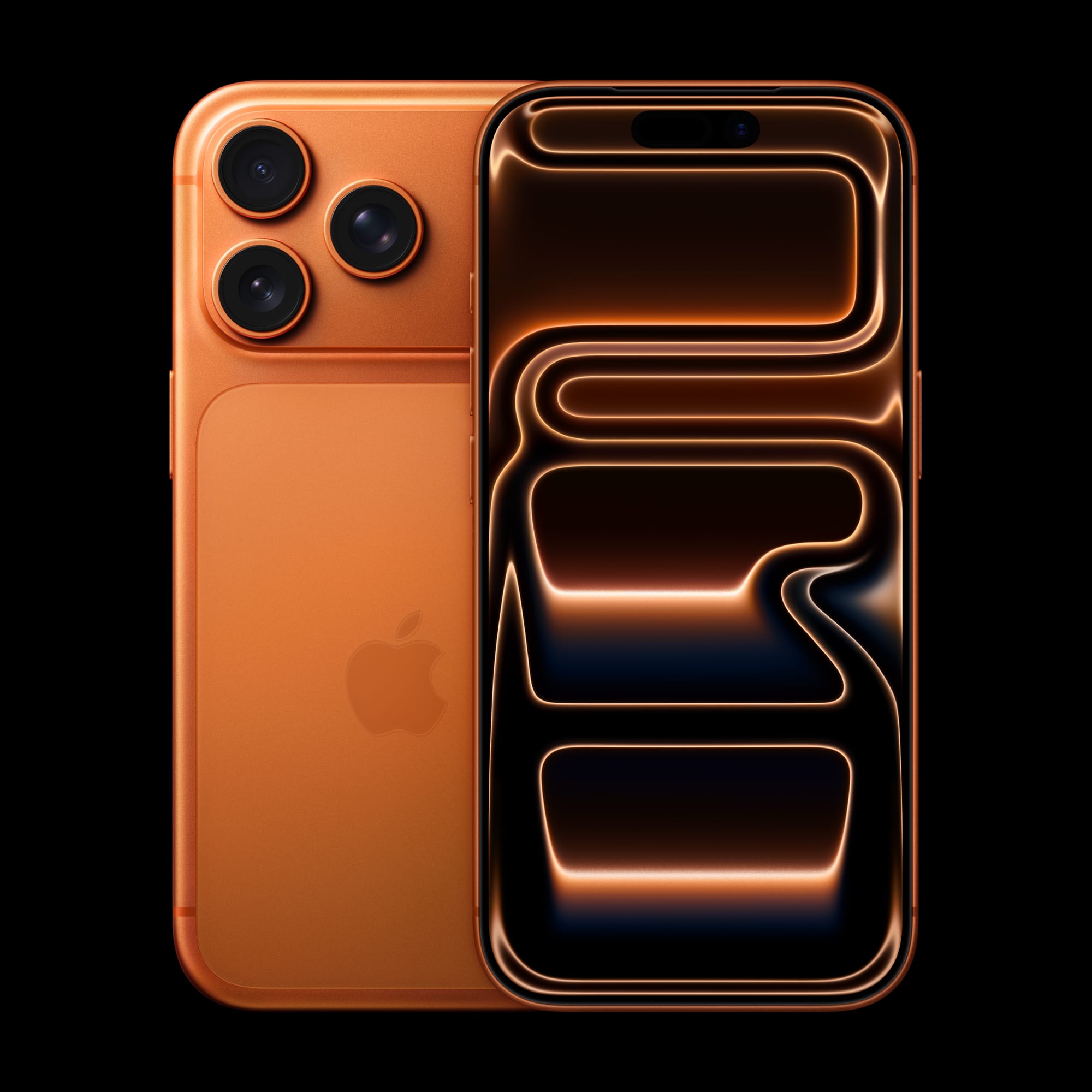 A pair of iPhone 17 Pro devices in Cosmic Orange, back and front.
