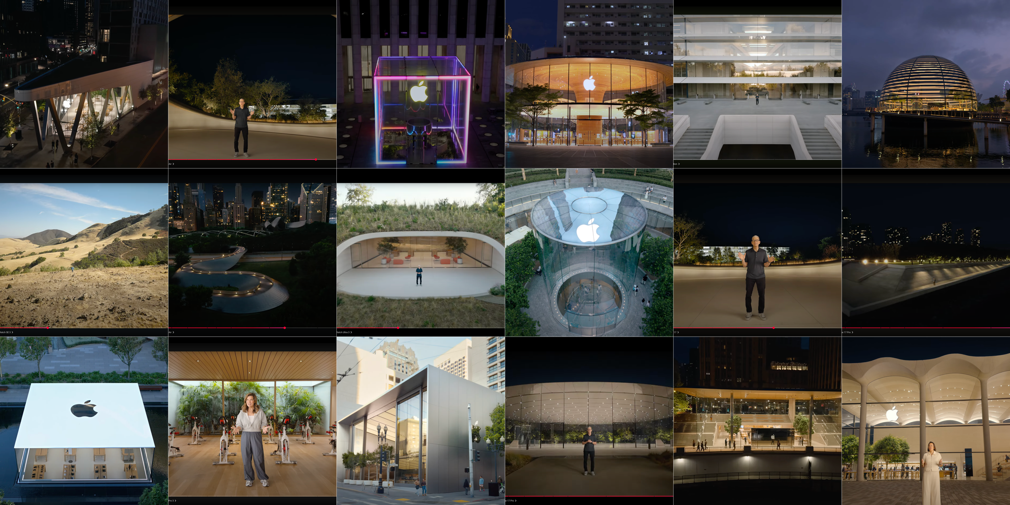 A 6x3 grid of screenshots showing several locations.