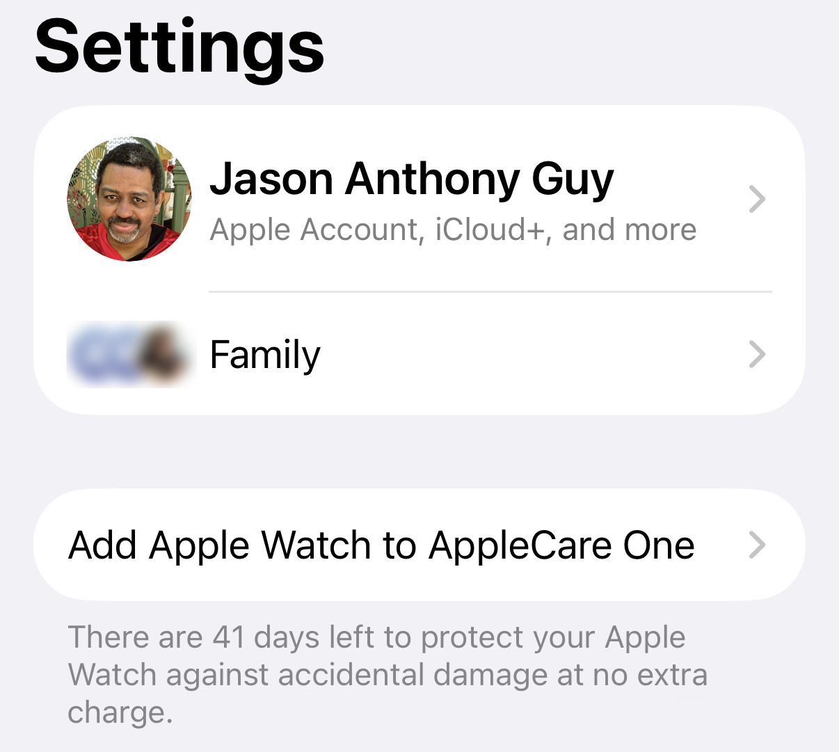 Screenshot of Settings app showing “Add Apple Watch to AppleCare One” and “There are 41 days left to protect your Apple Watch against accidental damage at no extra charge.”