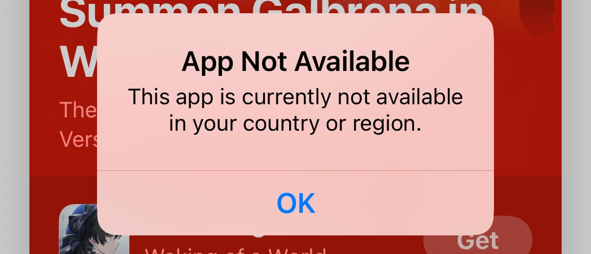 Screenshot of App Store dialog when attempting to view Clips app: “App Not Available. This app is currently not available in your country or region.”