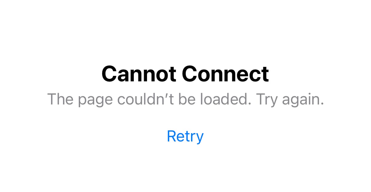 Screenshot of App Store dialog when attempting to view Clips app: “Cannot Connect. The page couldn’t be loaded. Try again.”