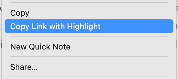 Screenshot of Safari’s Copy Link with Highlight contextual menu item.