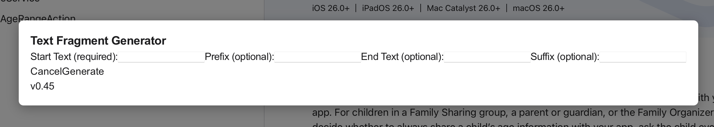 Screenshot showing the text fragment overlay. All fields are on a single row, and the Cancel and Generate buttons are not styled.