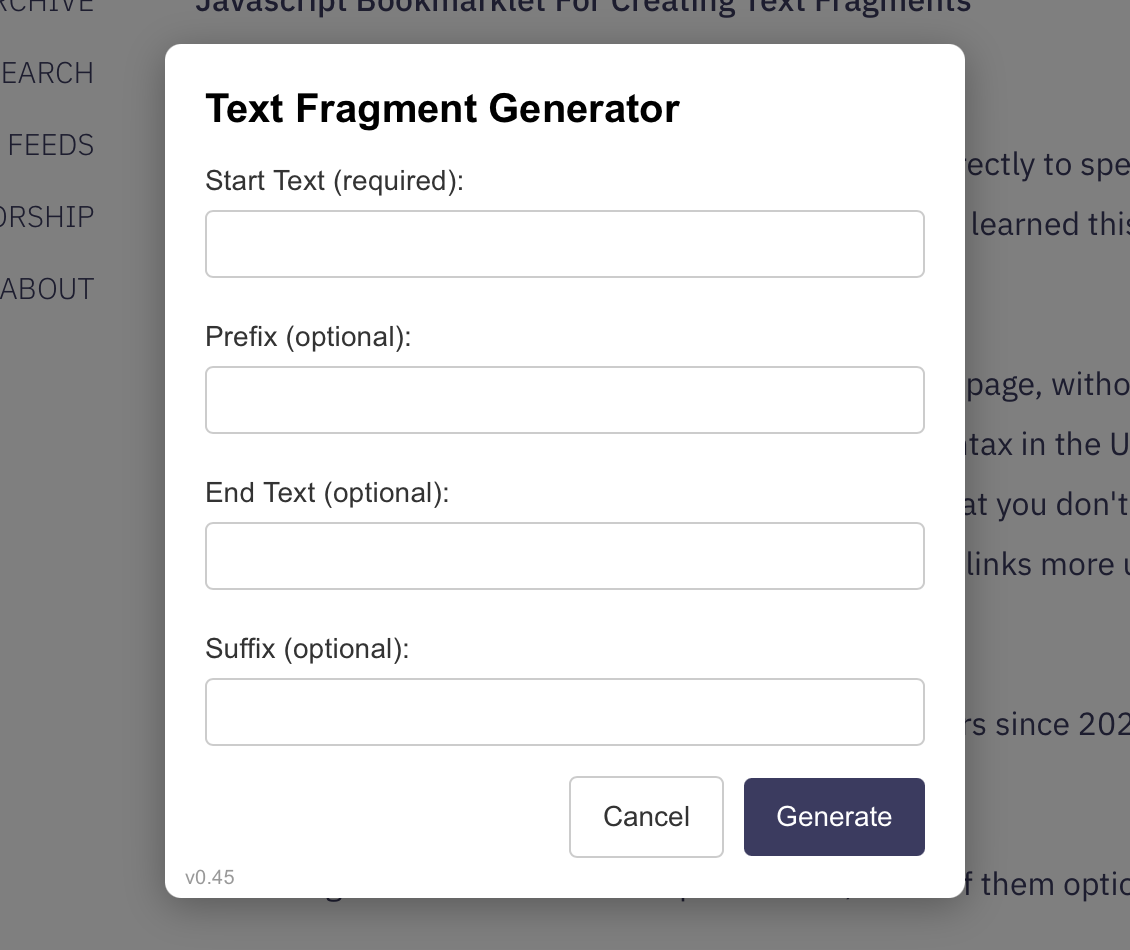Screenshot showing the text fragment overlay. All fields have headers, have even widths, and have Cancel and Generate buttons (with the Generate button styled to indicate its the default.