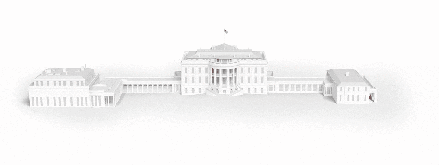 Animated image showing the White House from the front, with the East Wing at it’s previous scale, it’s destruction, and the much larger proposed East Wing
