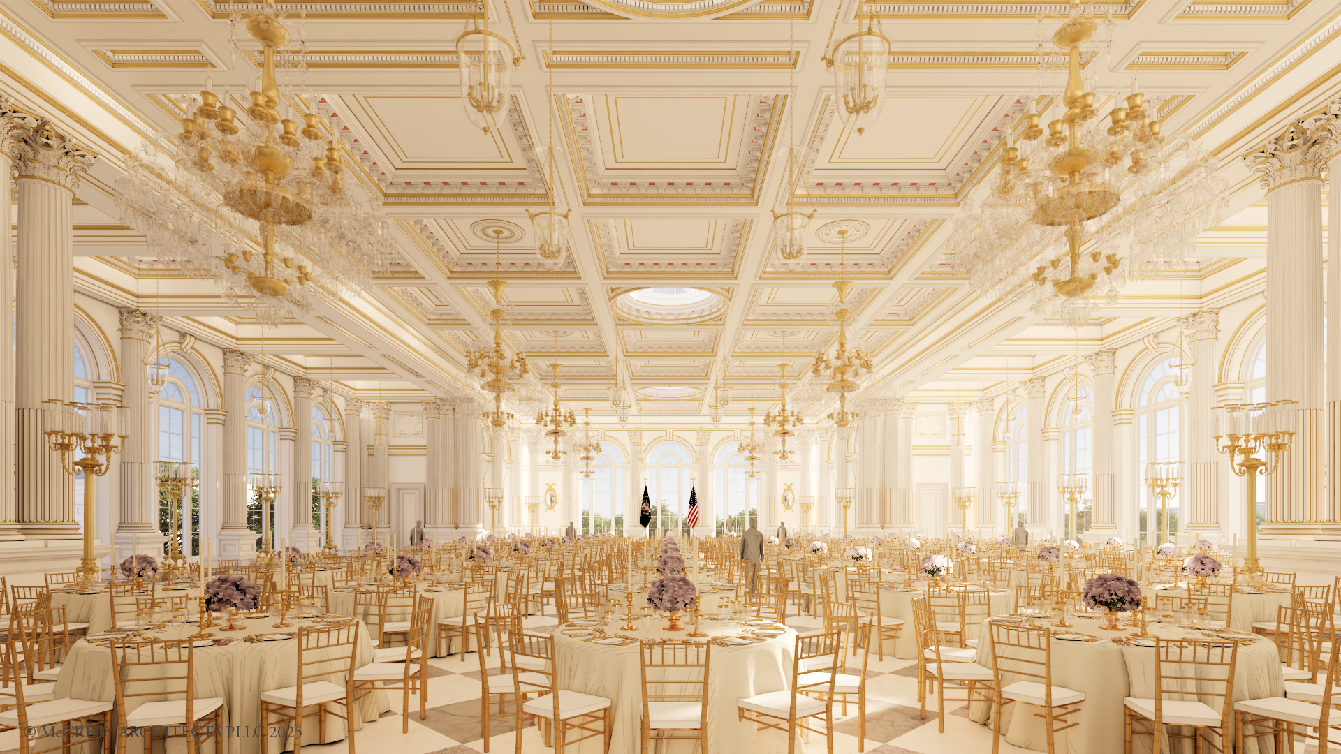 Rendering of Trump’s proposed ballroom, showing classical architecture, golden chandeliers, and golden chairs surrounding dozens of tables with white tablecloths.
