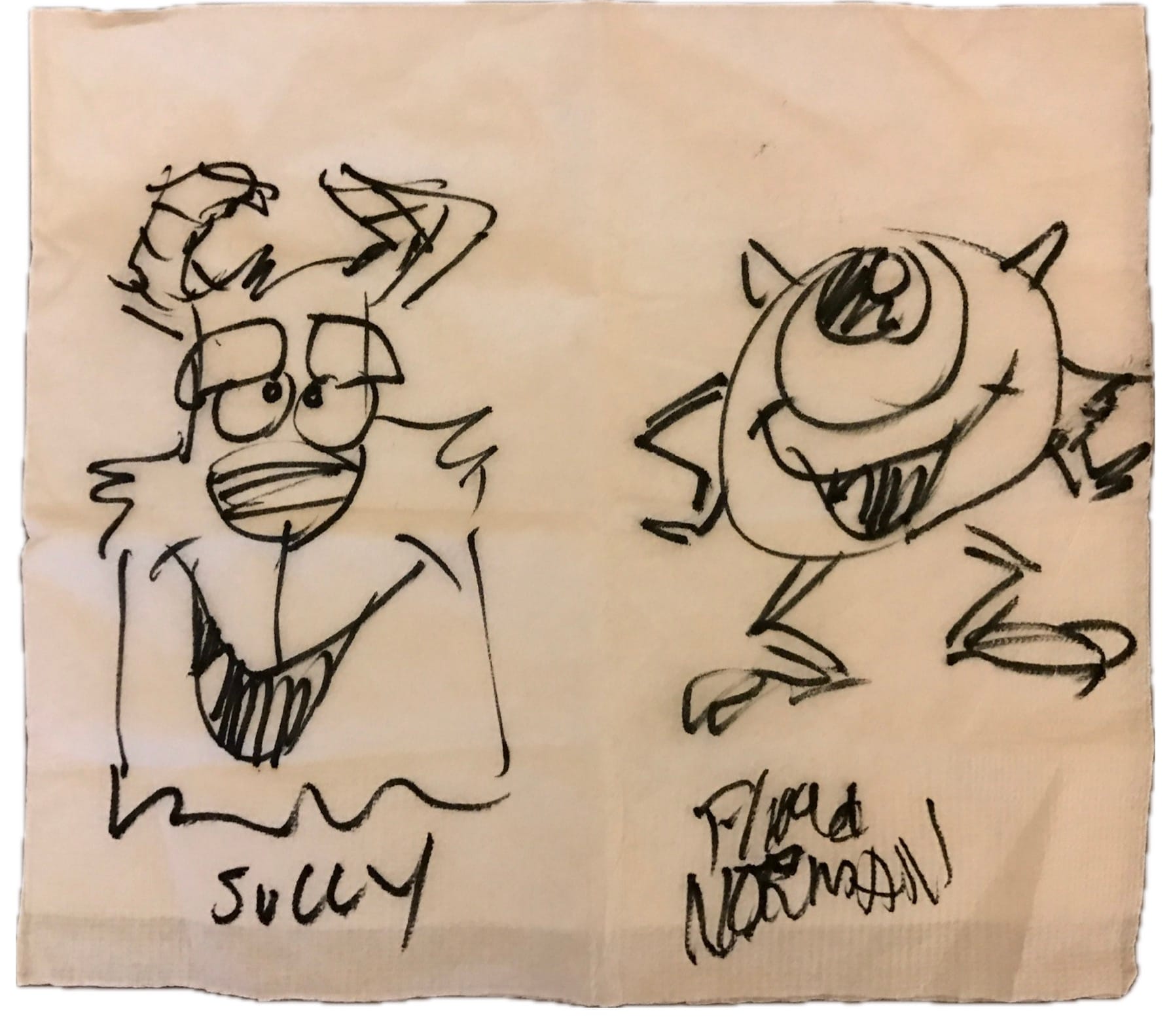 Ink sketch on a napkin of Sully and Mike.