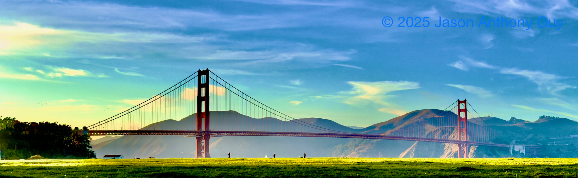 Alt: Photograph of the Golden Gate Bridge, with yellow-green grass in the foreground, the dusky orange bridge, the brown hills behind, with turquoise skies above. The effect is that of an oil painting.