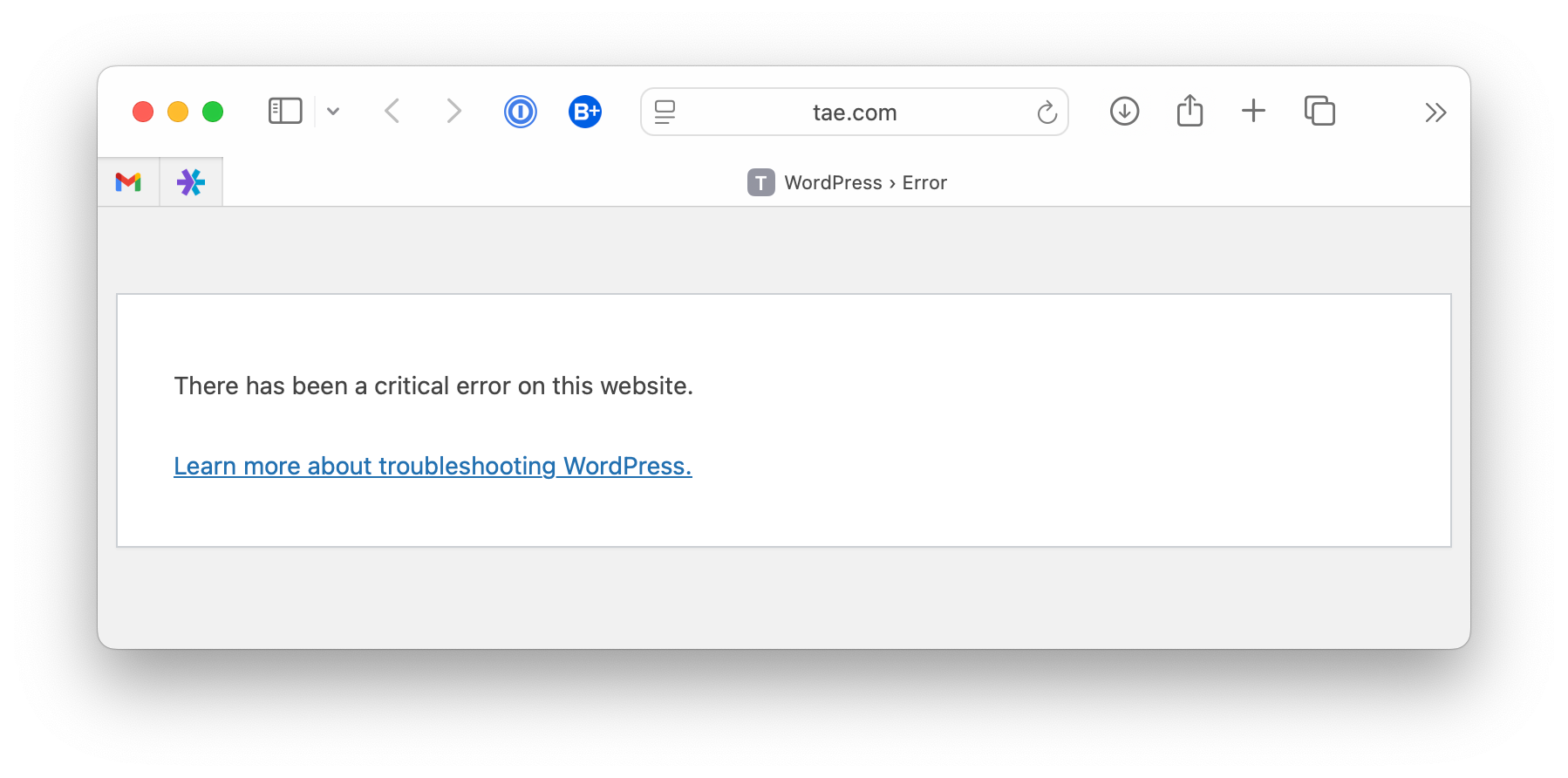 Screenshot of tae.com. "WordPress > Error" "There has been a critical error on this website." "Learn more about troubleshooting WordPress."