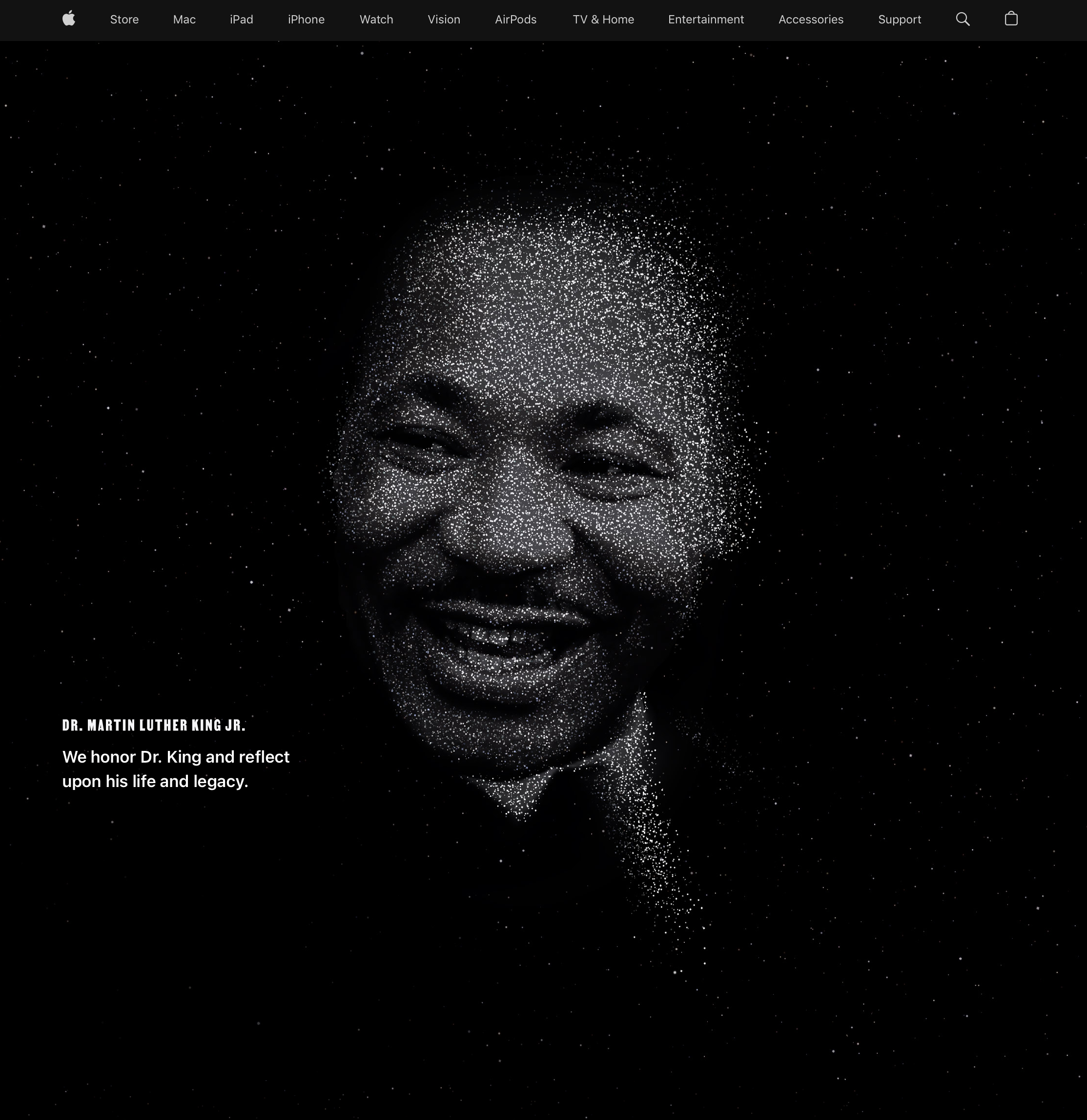 A pointillist image of Dr. Martin Luther King, Jr. on a black background with what look like stars, with the words “We honor Dr. King and reflect upon his life and legacy.”