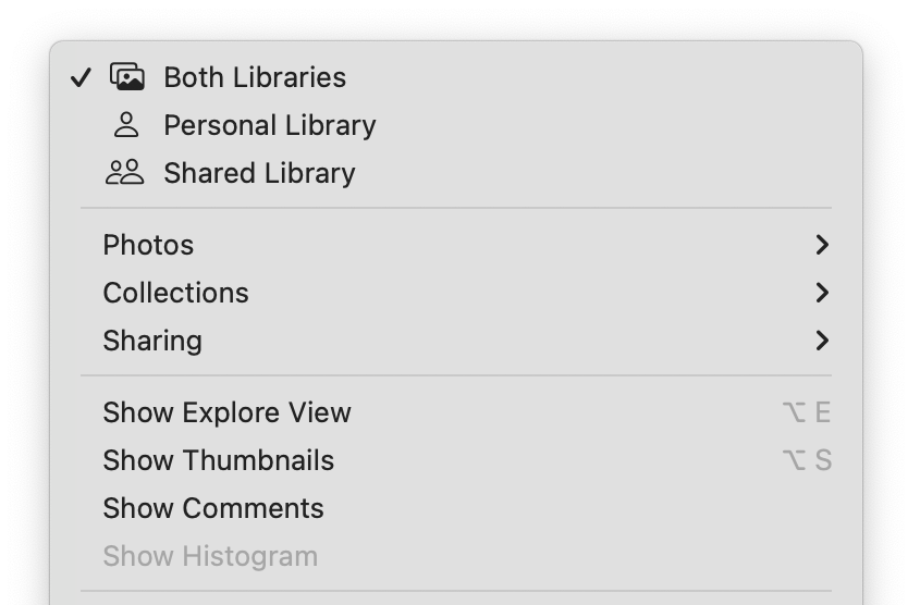 Screenshot of a subset of Photo’s menu items with icons.
