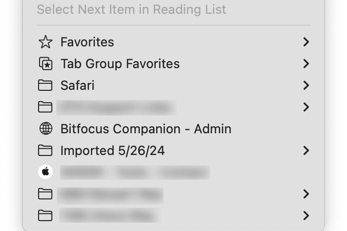 Screenshot of a subset of Safari’s menu items with icons.