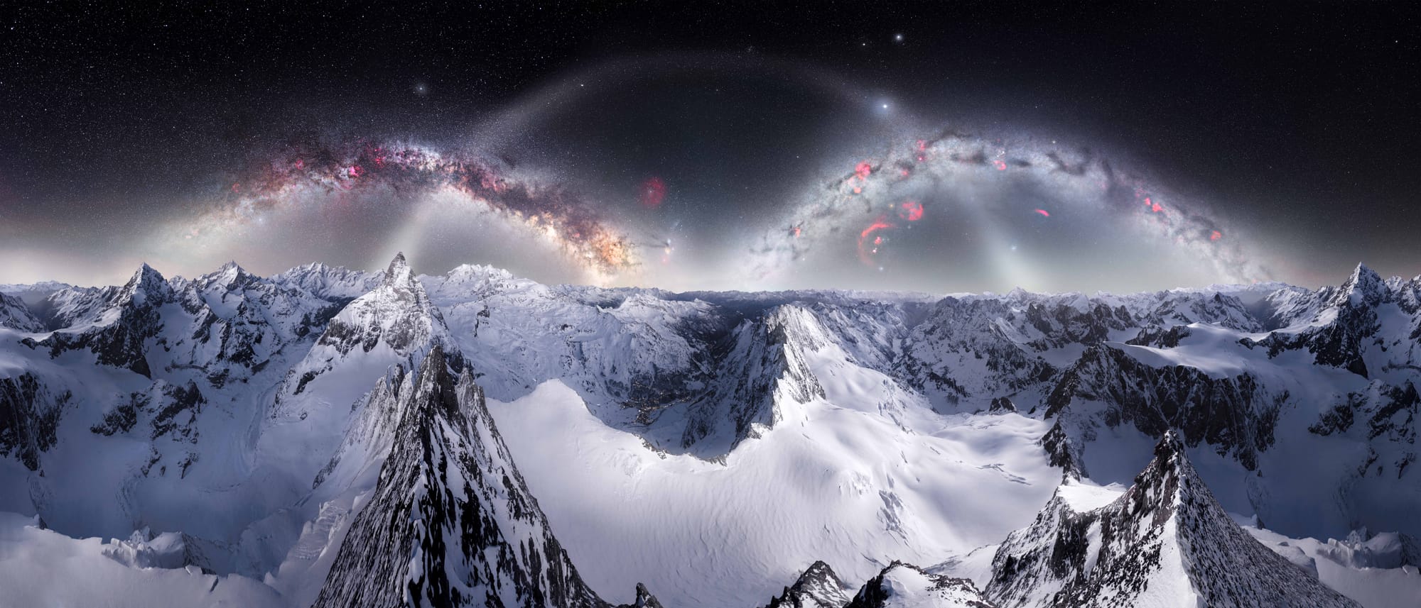The Matterhorn, seen from the Dent d’Hérens at 4,200 meters. Above it, from left to right: the summer arm, the Gegenschein, and the winter arm of the Milky Way.