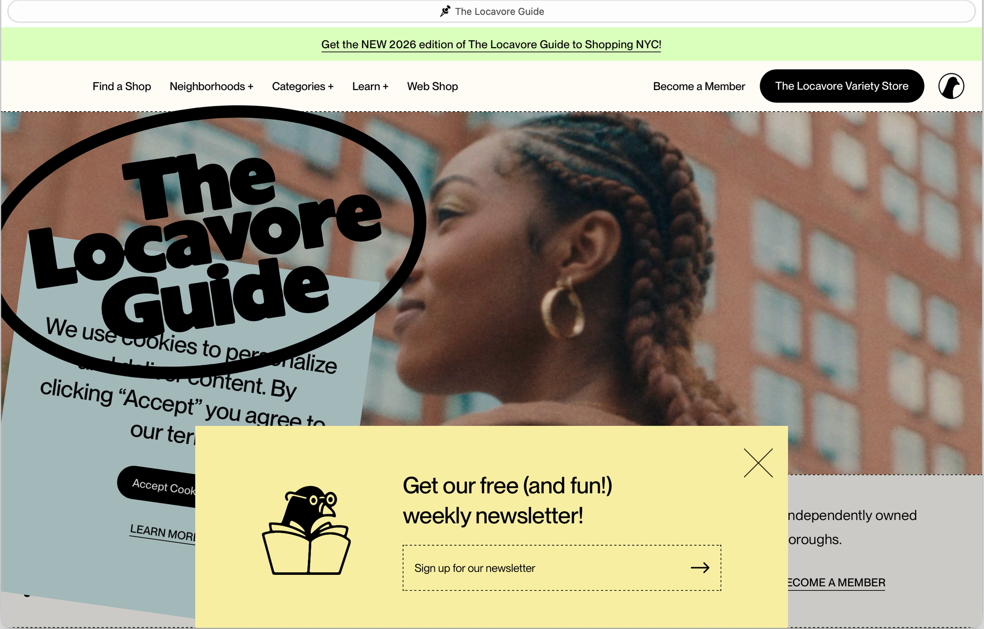 The Locavore Guide landing page, with a large oval logo on the upper left, which overlays a teal cookie dialog, and a yellow newsletter signup box overlaying the cookie dialog. Each obscures content; together, they obscure almost the entire page.