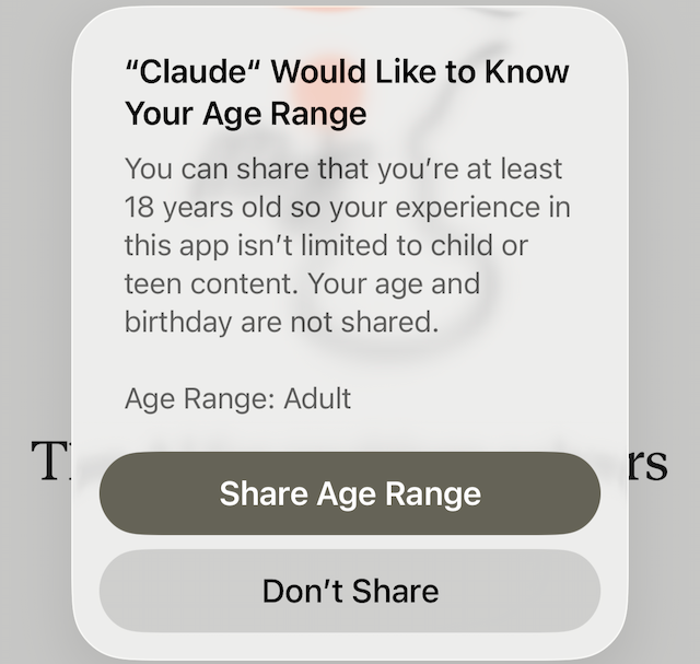 A “Share Age Range” dialog for Claud on iOS with the option to “Share Age Range” or “Don’t Share”.
