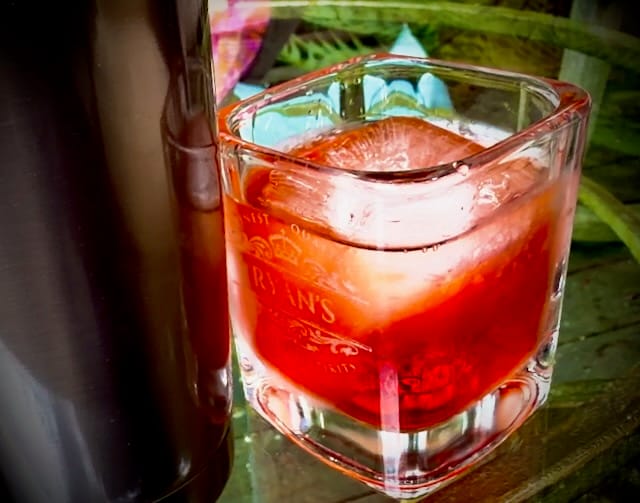 Classic Negroni in a square rocks glass.